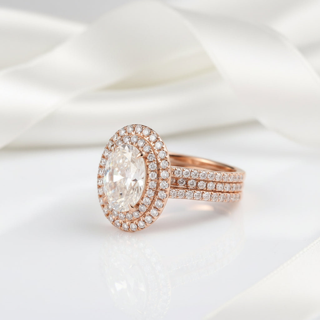 Oval Cut 14k Rose Gold Double Halo Engagement Ring-Black Diamonds New York