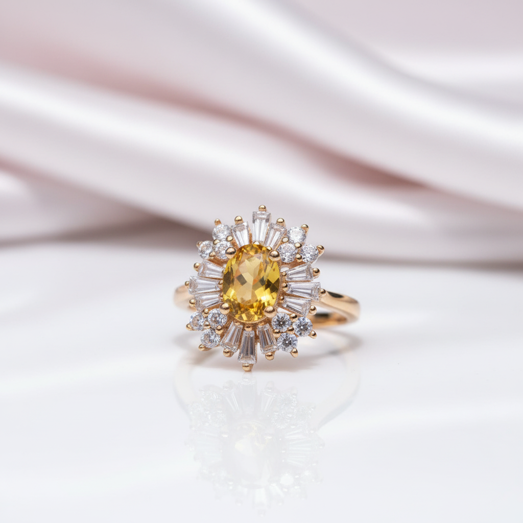 Oval Cut Citrine Flower Engagement Ring-Black Diamonds New York