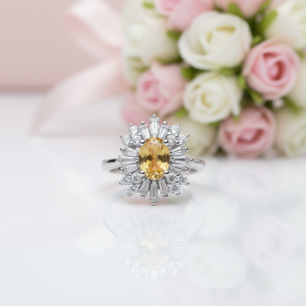 Oval Cut Citrine Flower Engagement Ring-Black Diamonds New York