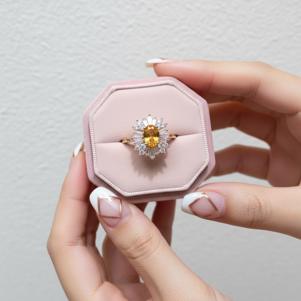 Oval Cut Citrine Flower Engagement Ring-Black Diamonds New York