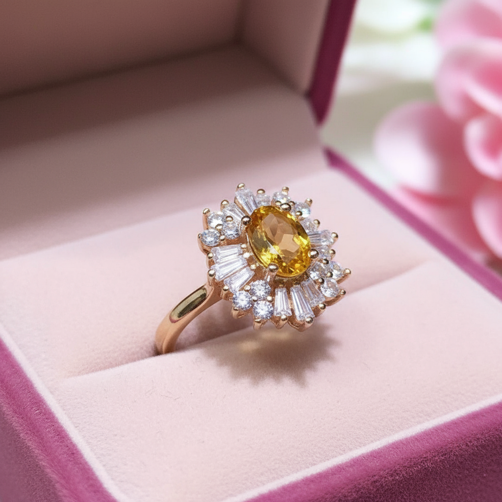 Oval Cut Citrine Flower Engagement Ring-Black Diamonds New York