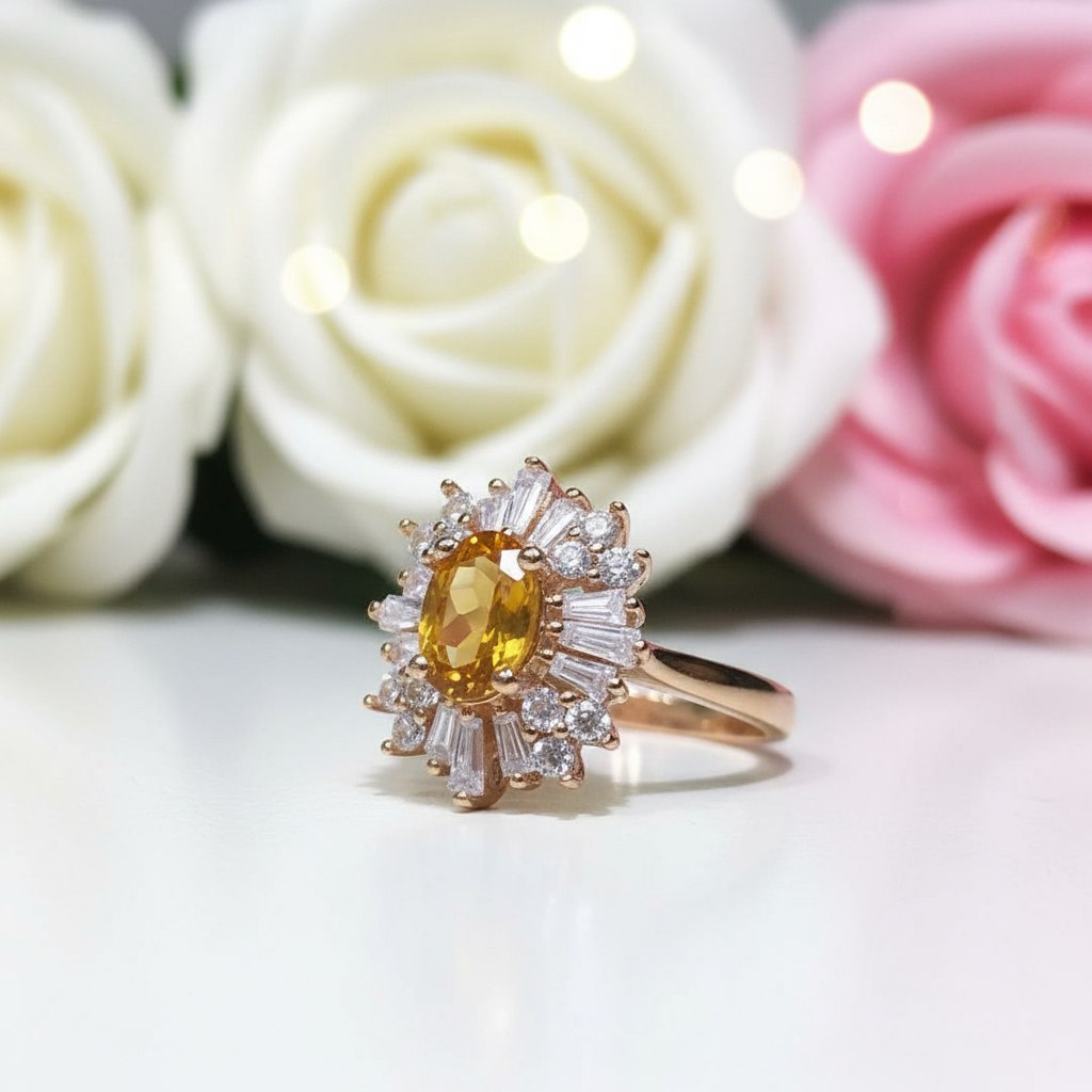 Oval Cut Citrine Flower Engagement Ring-Black Diamonds New York