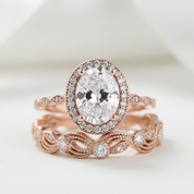 Oval Cut Clear Stone Halo Wedding Ring Set in Rose Gold-Black Diamonds New York