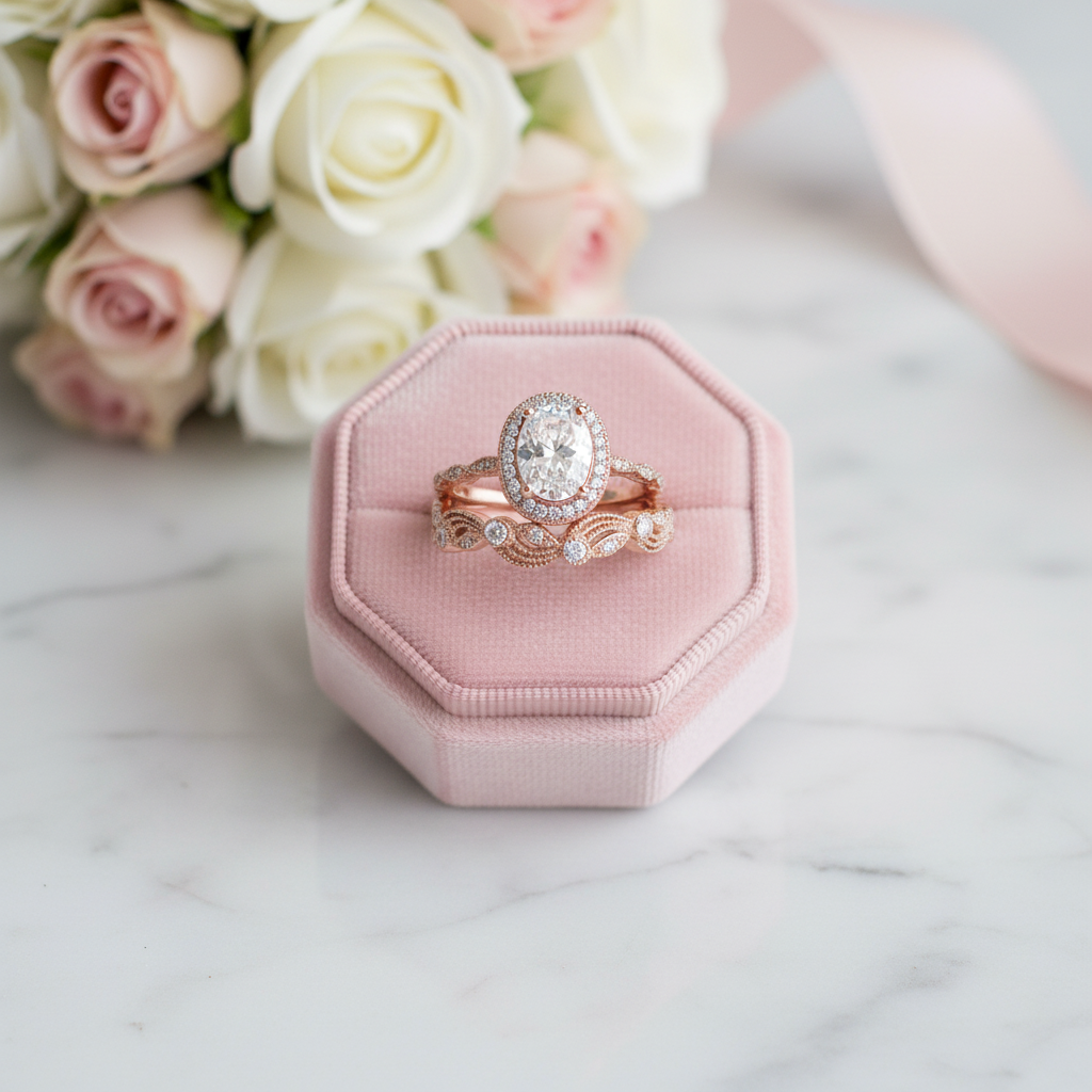 Oval Cut Clear Stone Halo Wedding Ring Set in Rose Gold-Black Diamonds New York