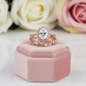 Oval Cut Clear Stone Halo Wedding Ring Set in Rose Gold-Black Diamonds New York