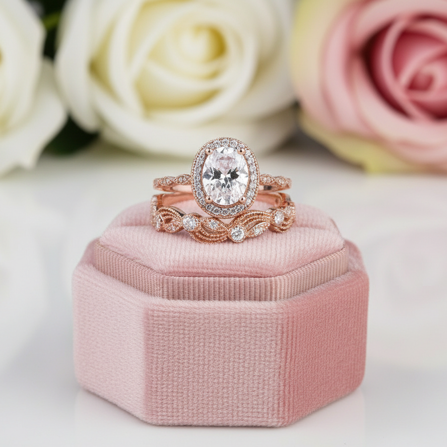 Oval Cut Clear Stone Halo Wedding Ring Set in Rose Gold-Black Diamonds New York