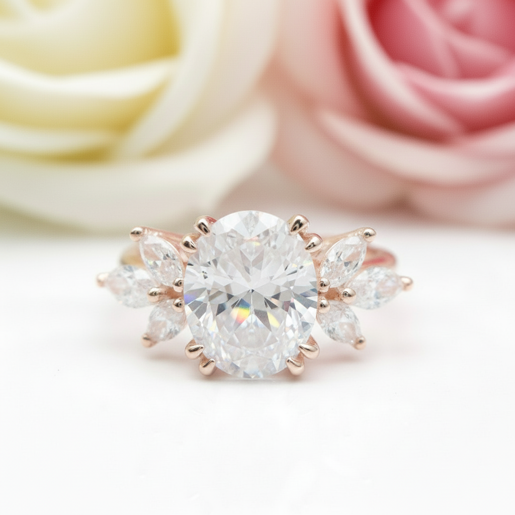 Oval Cut Diamond Rose Gold Dainty Engagement Ring-Black Diamonds New York