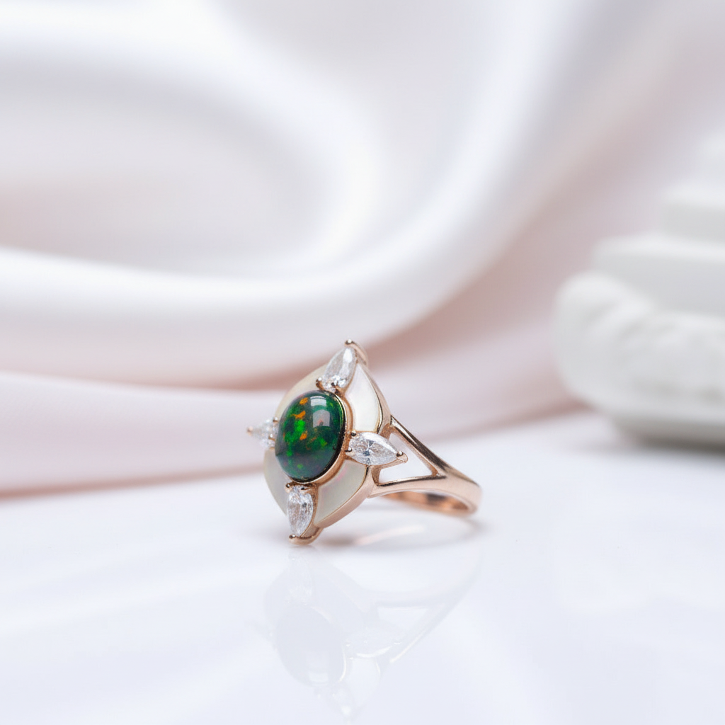 Oval Cut Black Opal Engagement Ring-Black Diamonds New York