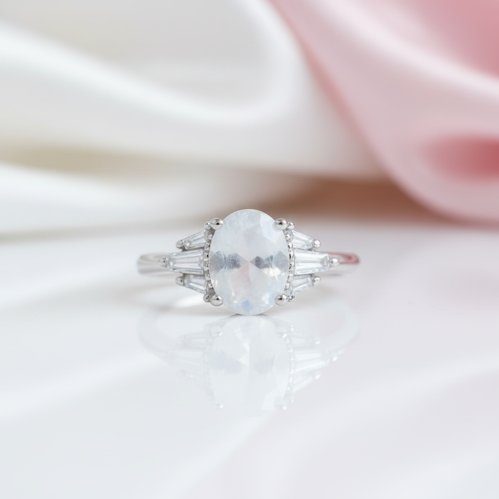 Oval Cut Moonstone Engagement Ring-Black Diamonds New York