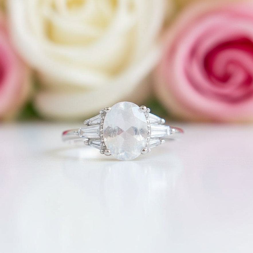 Oval Cut Natural Moonstone Engagement Ring-Black Diamonds New York