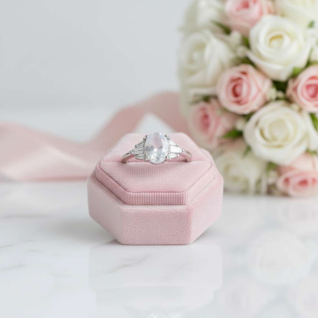 Oval Cut Moonstone Engagement Ring-Black Diamonds New York