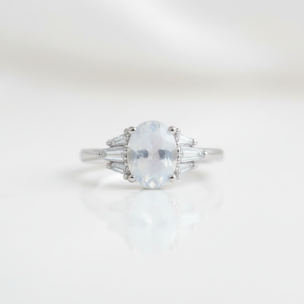 Oval Cut Moonstone Engagement Ring-Black Diamonds New York
