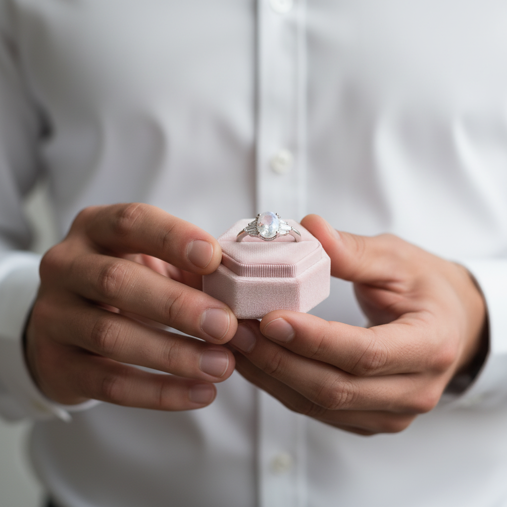 Oval Cut Moonstone Engagement Ring-Black Diamonds New York