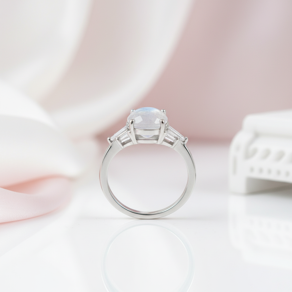 Oval Cut Moonstone Engagement Ring-Black Diamonds New York