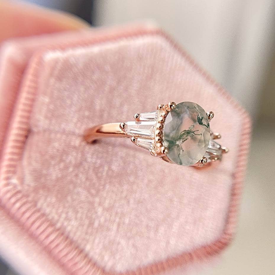 VIP Dream Ring- Oval Cut Natural Moss Agate 4 Prong Engagement Ring-Black Diamonds New York
