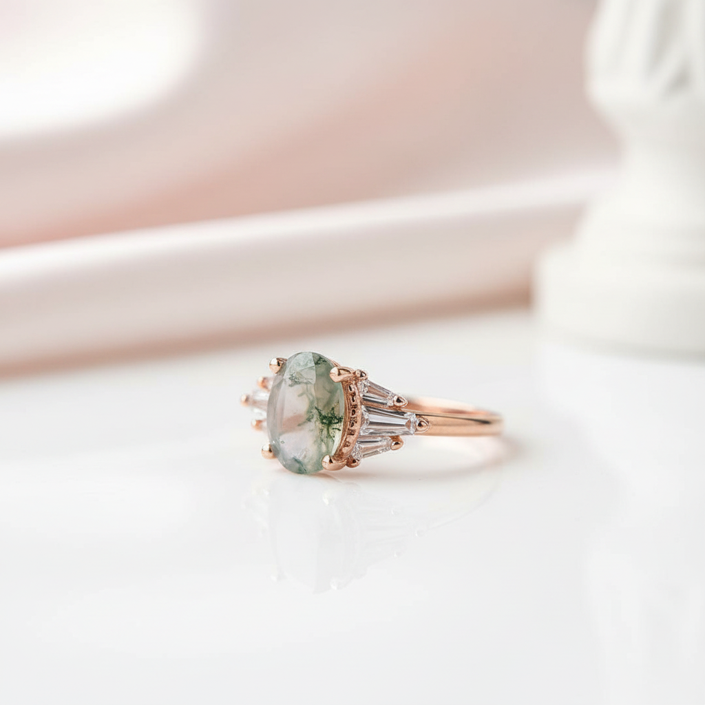 Oval Cut Natural Moss Agate 4 Prong Engagement Ring-Black Diamonds New York