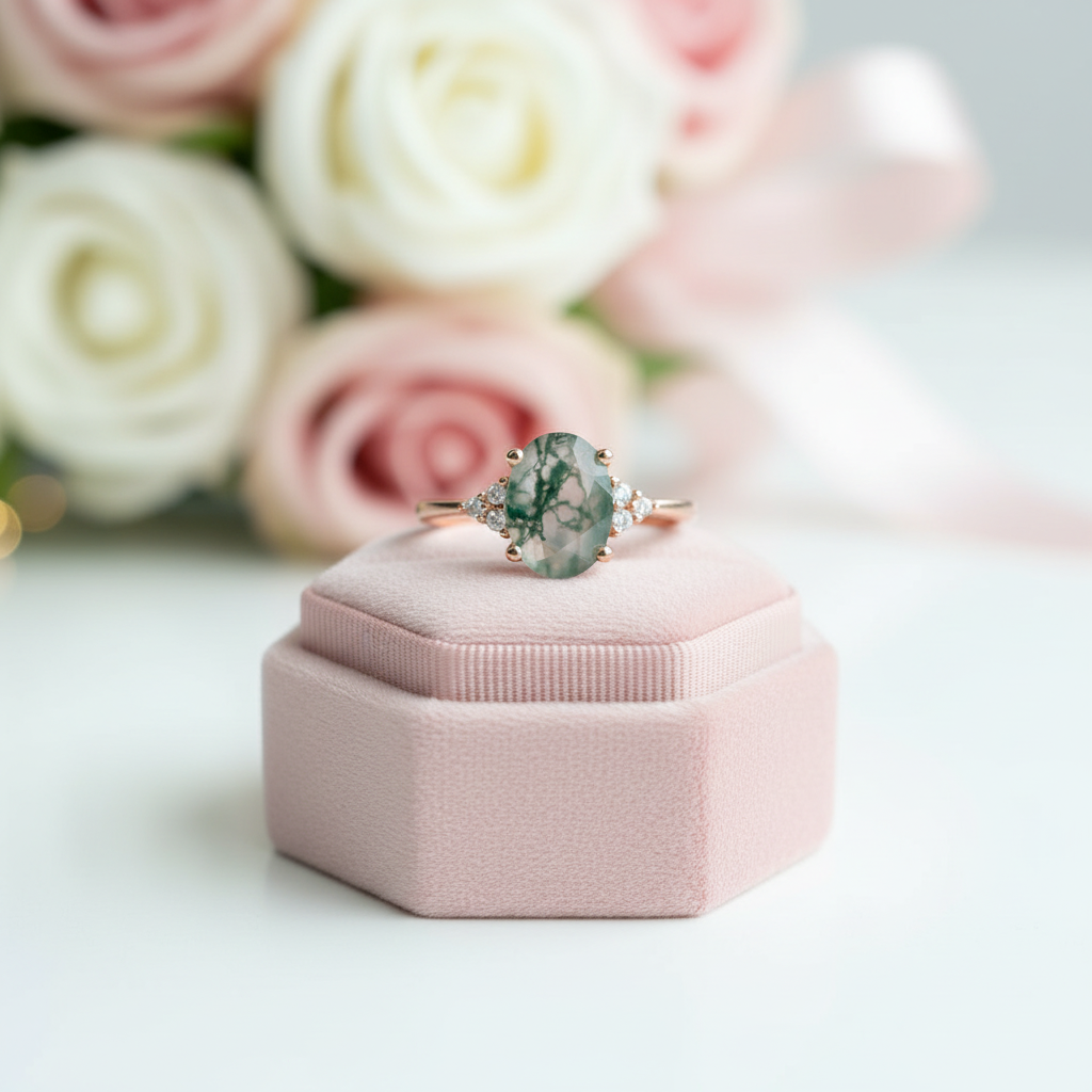 Oval Cut Natural Moss Agate Engagement Ring-Black Diamonds New York