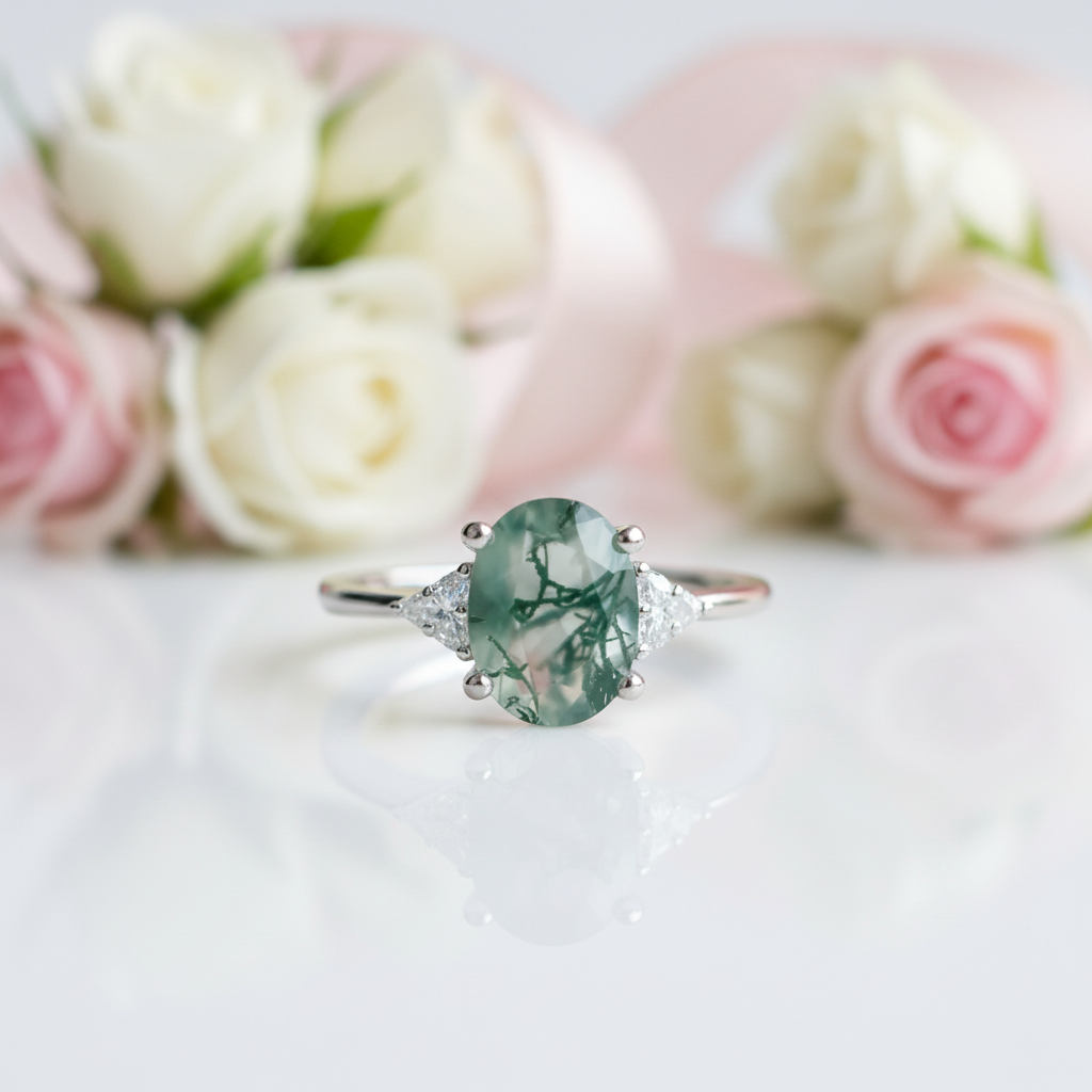 Oval Cut Natural Moss Agate Engagement Ring-Black Diamonds New York