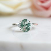 Oval Cut Natural Moss Agate Engagement Ring-Black Diamonds New York