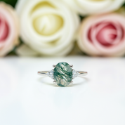 Oval Cut Natural Moss Agate Engagement Ring-Black Diamonds New York