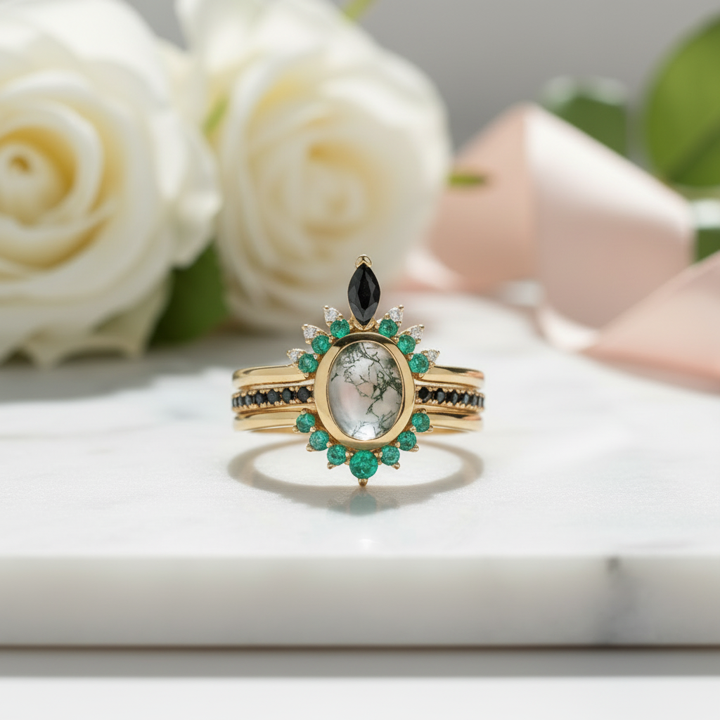 Oval cut Natural Moss Agate Yellow Gold Wedding Ring Set-Black Diamonds New York