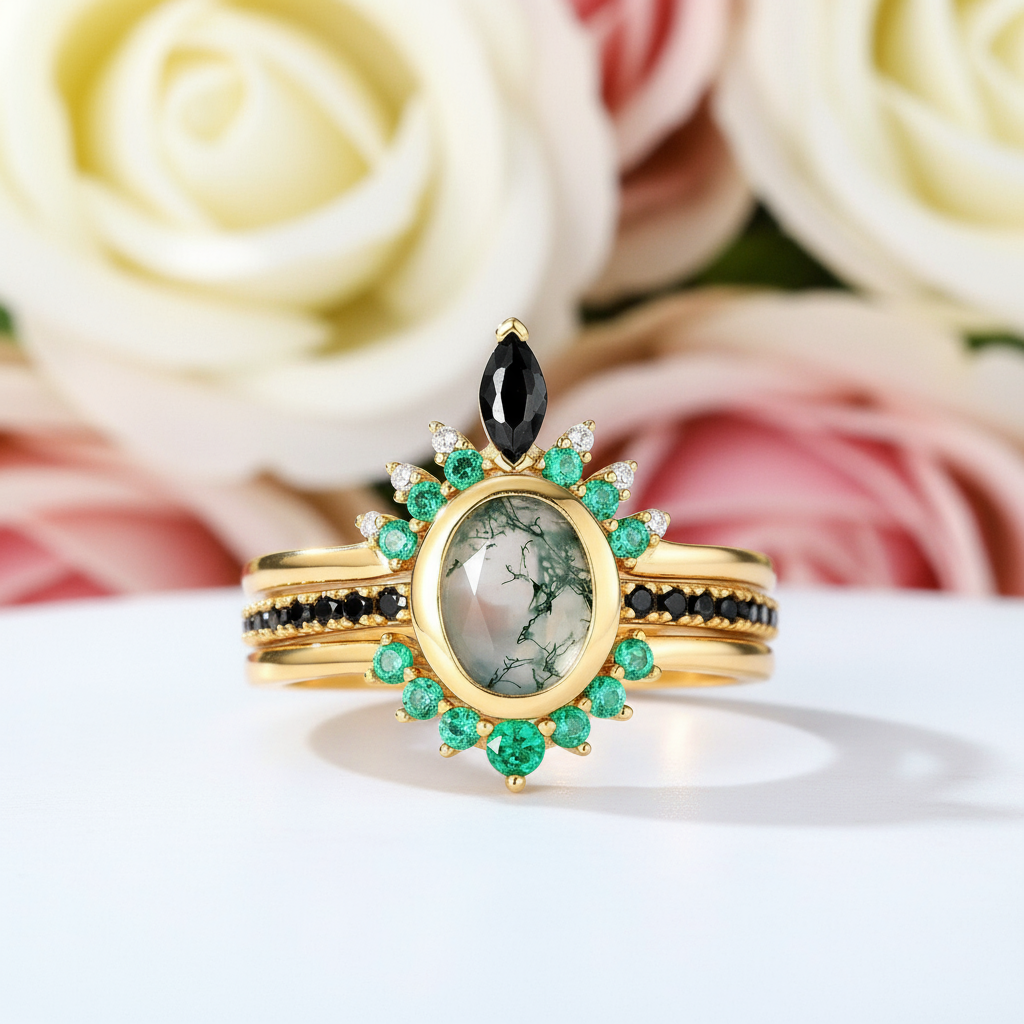 Oval cut Natural Moss Agate Yellow Gold Wedding Ring Set-Black Diamonds New York