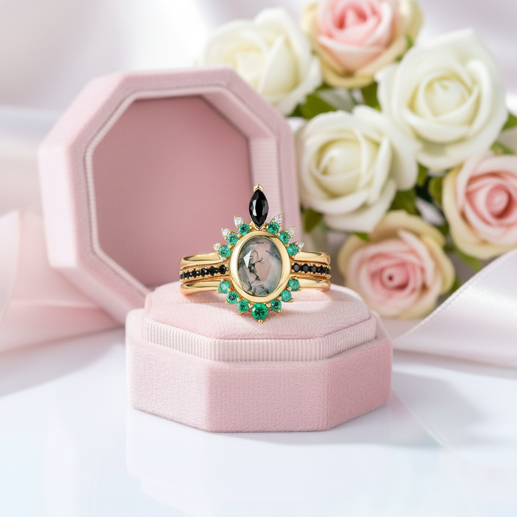 Oval cut Natural Moss Agate Yellow Gold Wedding Ring Set-Black Diamonds New York