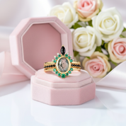 Oval cut Natural Moss Agate Yellow Gold Wedding Ring Set-Black Diamonds New York