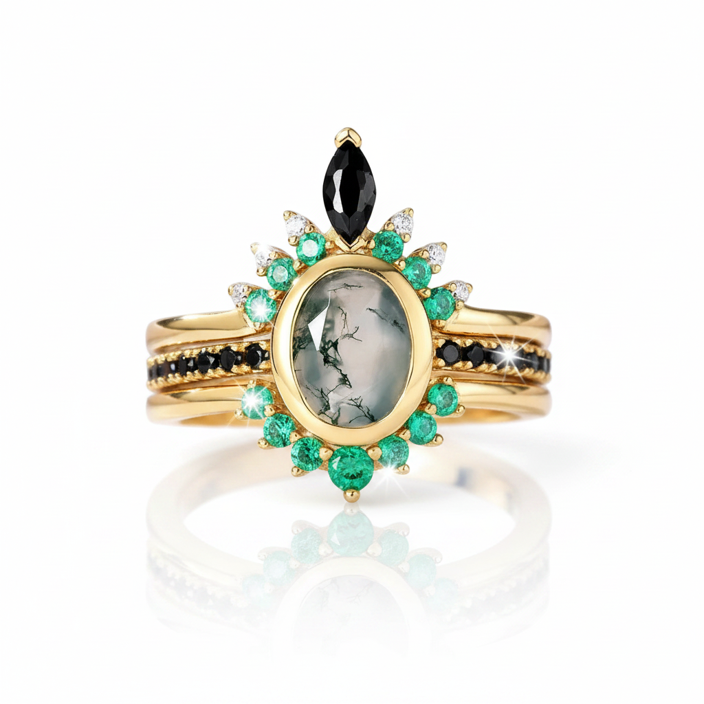 Oval cut Natural Moss Agate Yellow Gold Wedding Ring Set-Black Diamonds New York