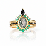 Oval cut Natural Moss Agate Yellow Gold Wedding Ring Set-Black Diamonds New York