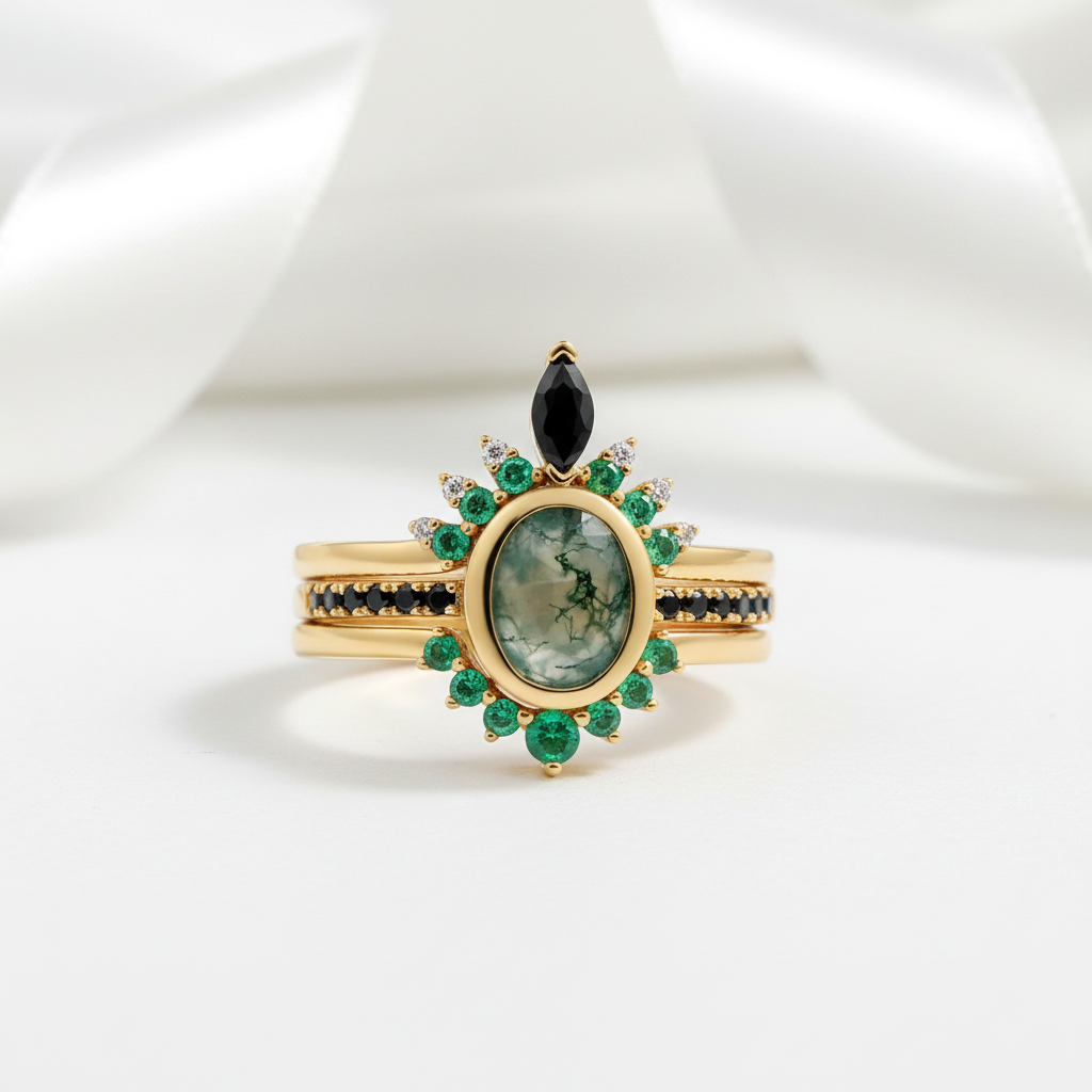 Oval cut Natural Moss Agate Yellow Gold Wedding Ring Set-Black Diamonds New York