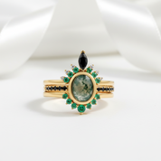 Oval cut Natural Moss Agate Yellow Gold Wedding Ring Set-Black Diamonds New York