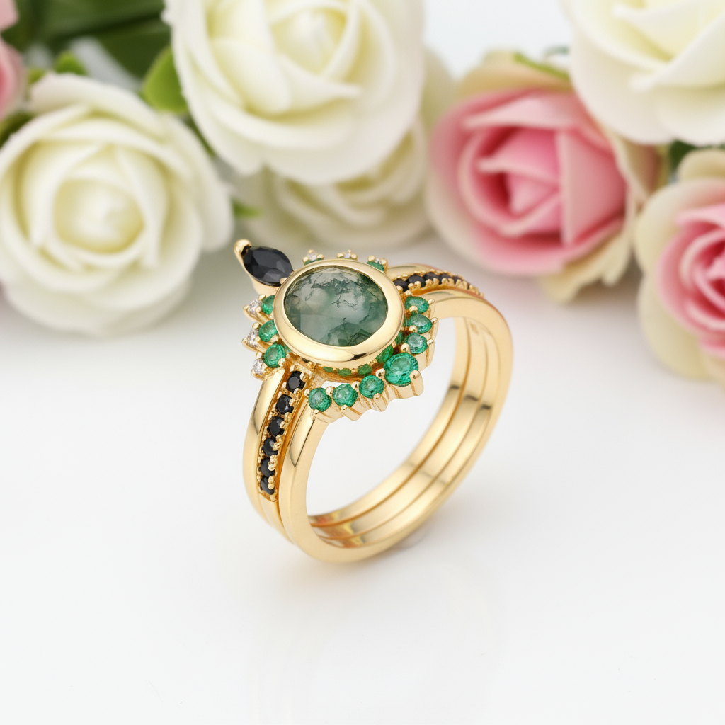 Oval cut Natural Moss Agate Yellow Gold Wedding Ring Set-Black Diamonds New York
