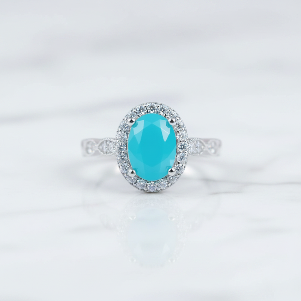 An oval halo ring featuring a vibrant turquoise-colored center stone surrounded by a halo of small clear stones, set on a silver-toned band with pavé accents, resting on a white marble surface.
