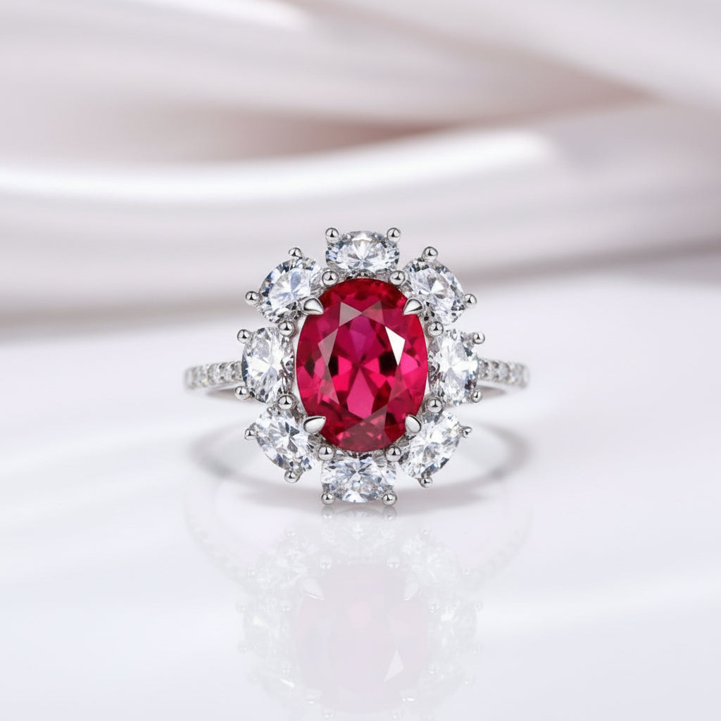Oval Cut Red Ruby Diamond Option Halo Engagement Ring-Black Diamonds New York