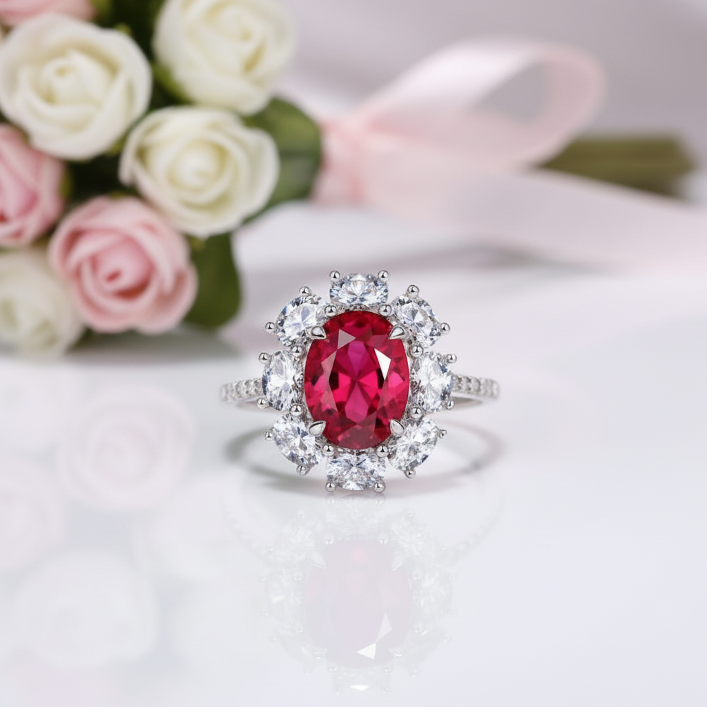 Oval Cut Red Ruby Diamond Option Halo Engagement Ring-Black Diamonds New York