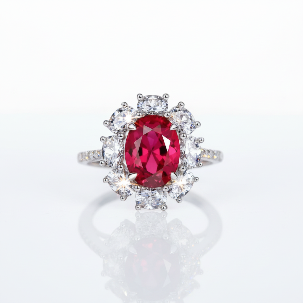 Oval Cut Red Ruby Diamond Option Halo Engagement Ring-Black Diamonds New York