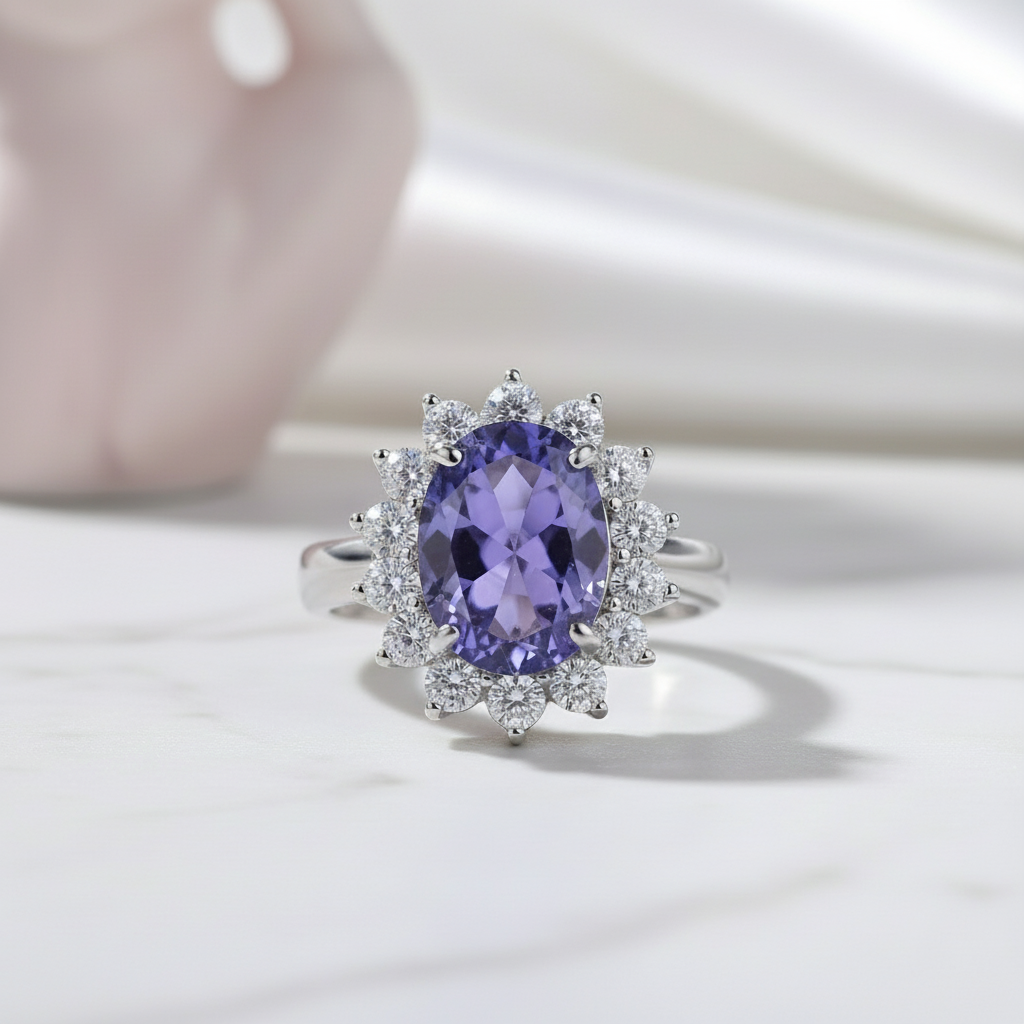 Blue Oval-cut Diamond Halo Engagement Ring-Black Diamonds New York