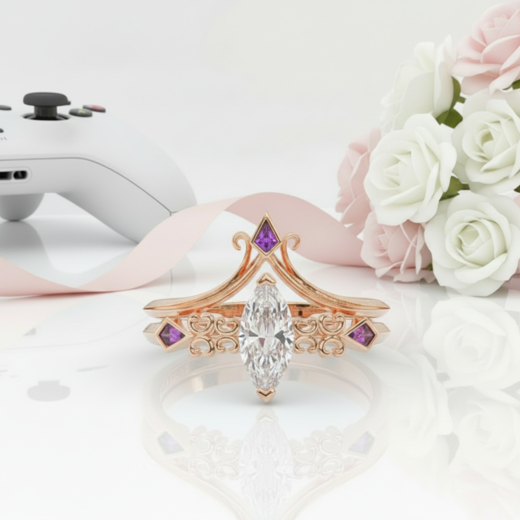 Paladin's 2-piece Ring Set (Women)- 14k Yellow Gold Video Game Inspired Rings-Black Diamonds New York