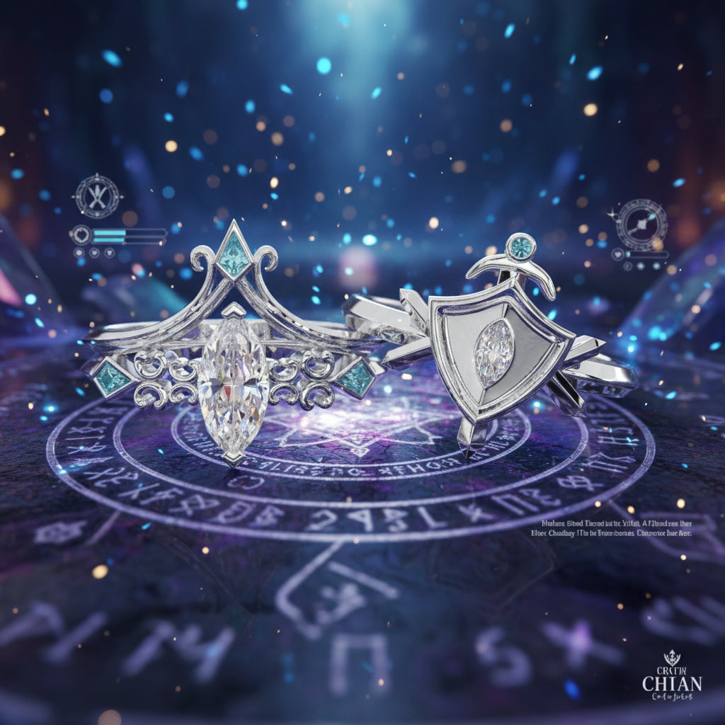 Paladin's 2-piece Ring Set (Women)- 14k Yellow Gold Video Game Inspired Rings-Black Diamonds New York