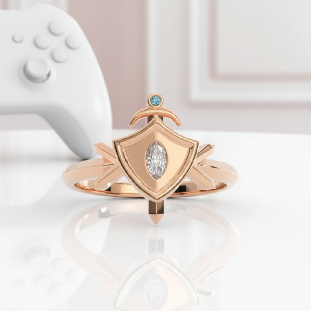 Paladin's Shield Ring (Unisex)- 14k Yellow Gold Video Game Inspired Rings-Black Diamonds New York