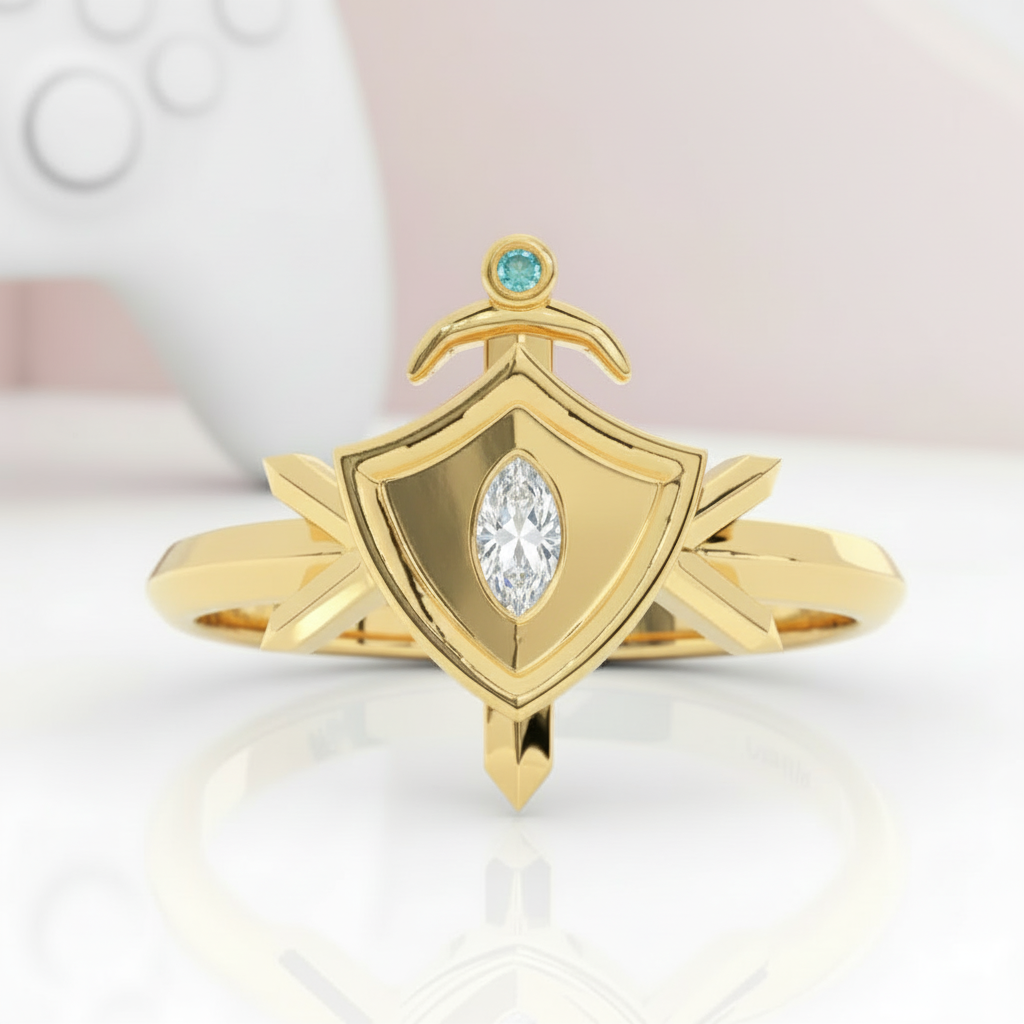 Paladin's Shield Ring (Unisex)- 14k Yellow Gold Video Game Inspired Rings-Black Diamonds New York