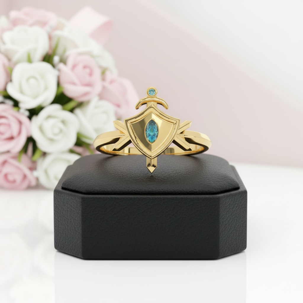 Paladin's Shield Ring (Unisex)- 14k Yellow Gold Video Game Inspired Rings-Black Diamonds New York