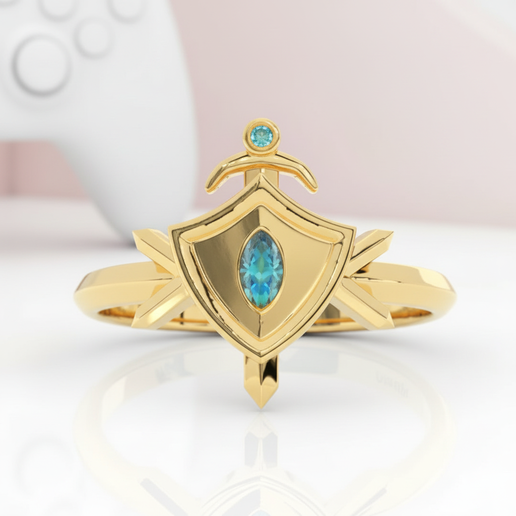 Paladin's Shield Ring (Unisex)- 14k Yellow Gold Video Game Inspired Rings-Black Diamonds New York