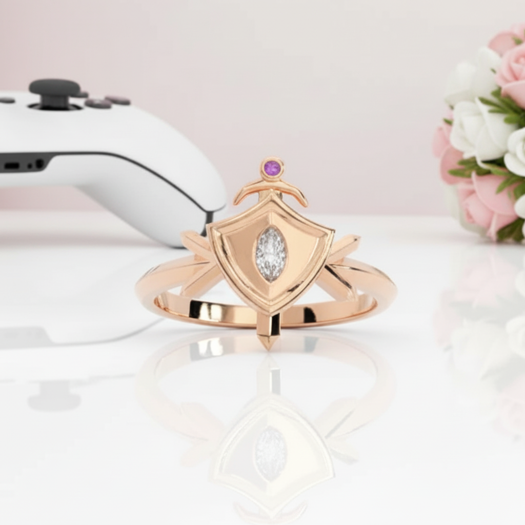 Paladin's Shield Ring (Unisex)- 14k Yellow Gold Video Game Inspired Rings-Black Diamonds New York