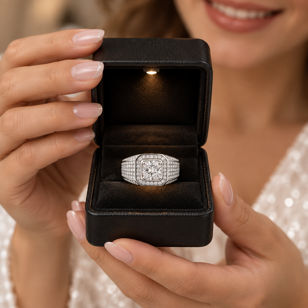 A close-up lifestyle shot of a woman holding an open black jewelry box with a built-in light, showcasing a silver-toned diamond ring with a square-cut center stone and surrounding pavé diamonds.