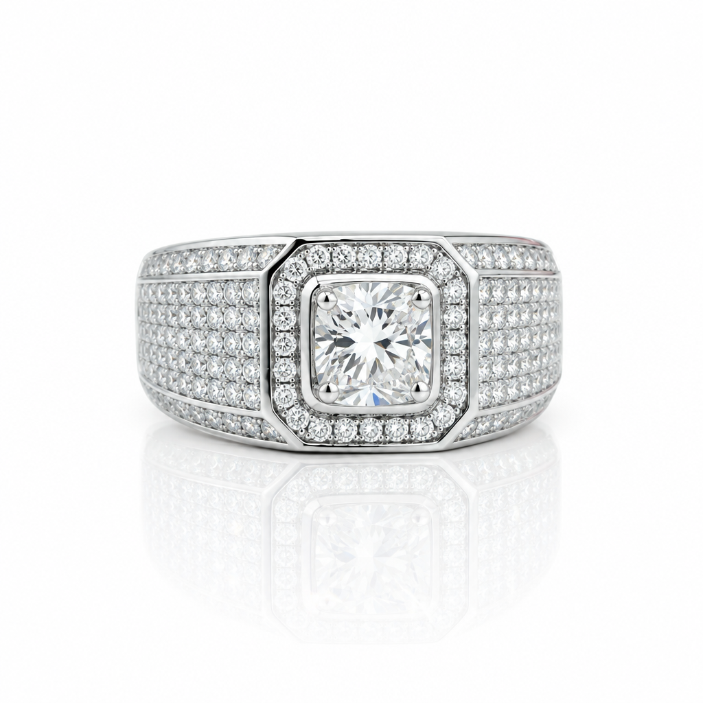 A silver-toned men's ring featuring a square princess-cut center diamond surrounded by a halo of smaller diamonds, with a channel-set diamond band, shown on a white background with a soft reflection.