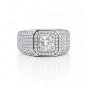 A silver-toned men's ring featuring a square princess-cut center diamond surrounded by a halo of smaller diamonds, with a channel-set diamond band, shown on a white background with a soft reflection.