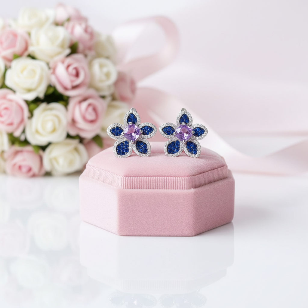 Peach Blossom Flower Studs Earrings-Black Diamonds New York