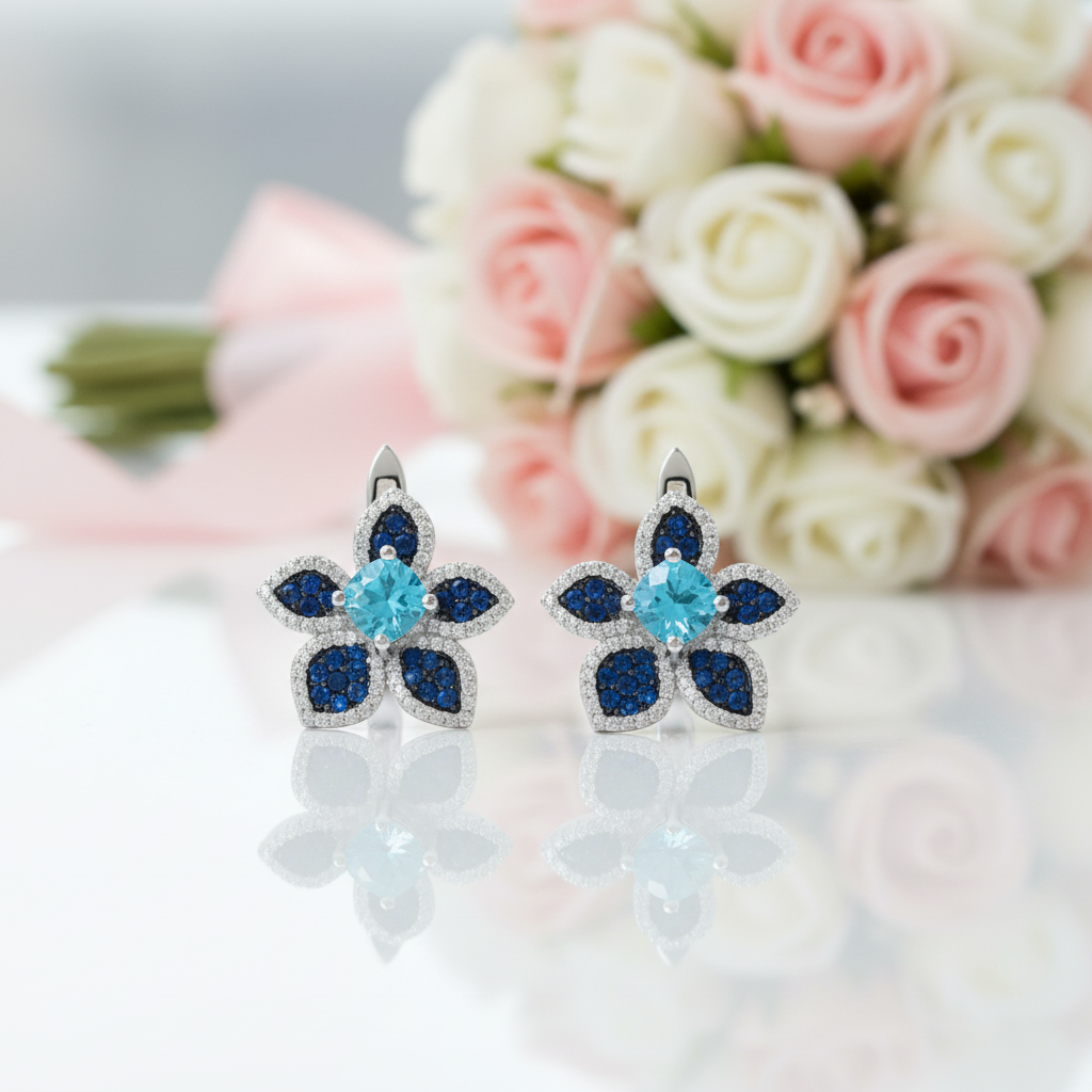 Peach Blossom Flower Studs Earrings-Black Diamonds New York